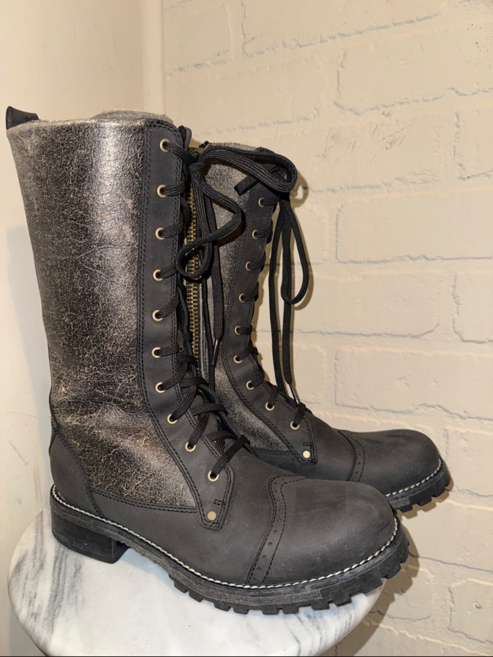 Woolrich boots Black gray Lace-Up Tall Combat Textured Shaft size 10